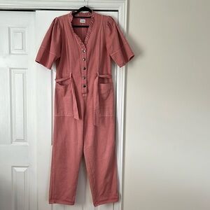 Lini Pink Denim Ruffled Short Sleeve Jumpsuit